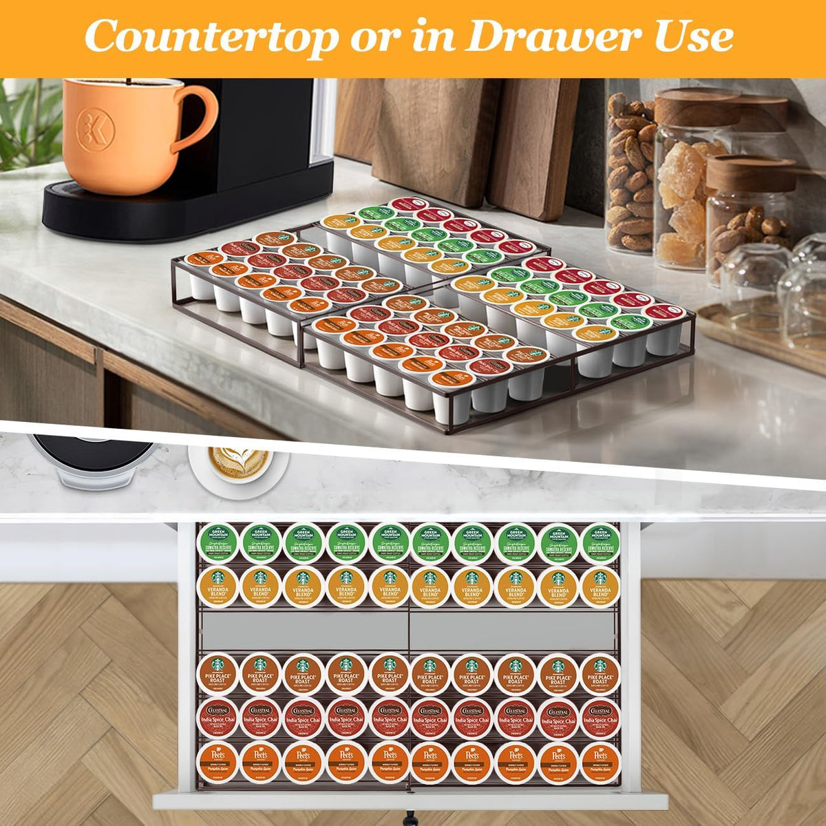 Coffee Pod Holder Drawer, Expandable K Cup Holder Compatible with Keurig K-Cup, K Cup Drawer Organizer Hold 30-60 Coffee Pod Storage for Coffee Station Office and Kitchen, Black