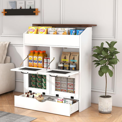 Patiorama Wood Potato and Onion Storage Bin Box with Lid, 4-Tier Farmhouse Wooden Bread Box Cabinet with 2 Mesh Doors & Rolling Drawer, Large Vegetable Storage Bin Organizer for Kitchen Pantry White
