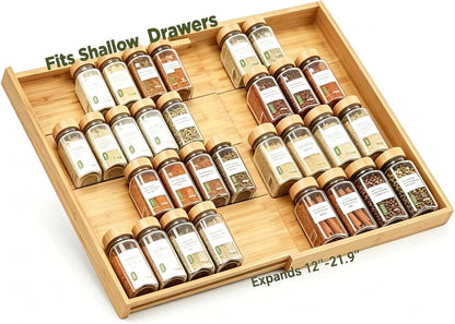 Bamboo Spice Drawer Organizer Expandable(Need 2.6" Deep Drawer), 4-Tier Spice Rack Drawer Insert for Kitchen Cabinets(From 12" to 21.9" Wide), Adjustable Seasoning Storage Insert (Jars Not Included)