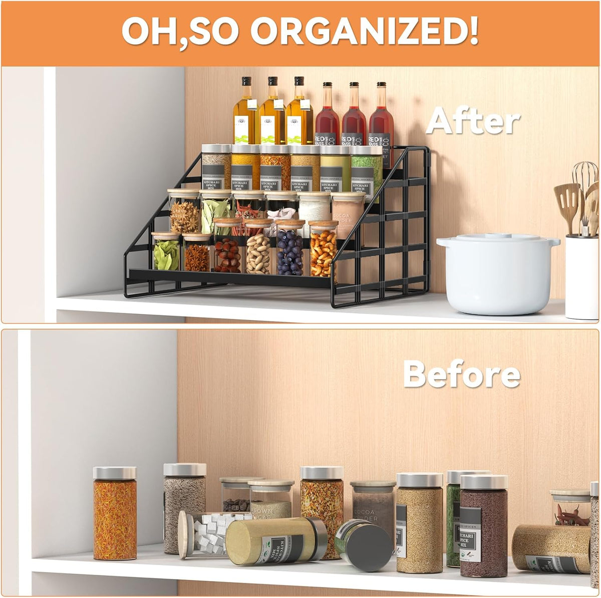 Bunoxea 4 Tier Adjustable Spice Rack for Cabinet & Countertop, Black | Depth Adjustable,Anti-drop Guard Rail,Tiered Cabinet Organizer,Holds 24+ Jars,for Cabinet, Pantry & Kitchen Countertop