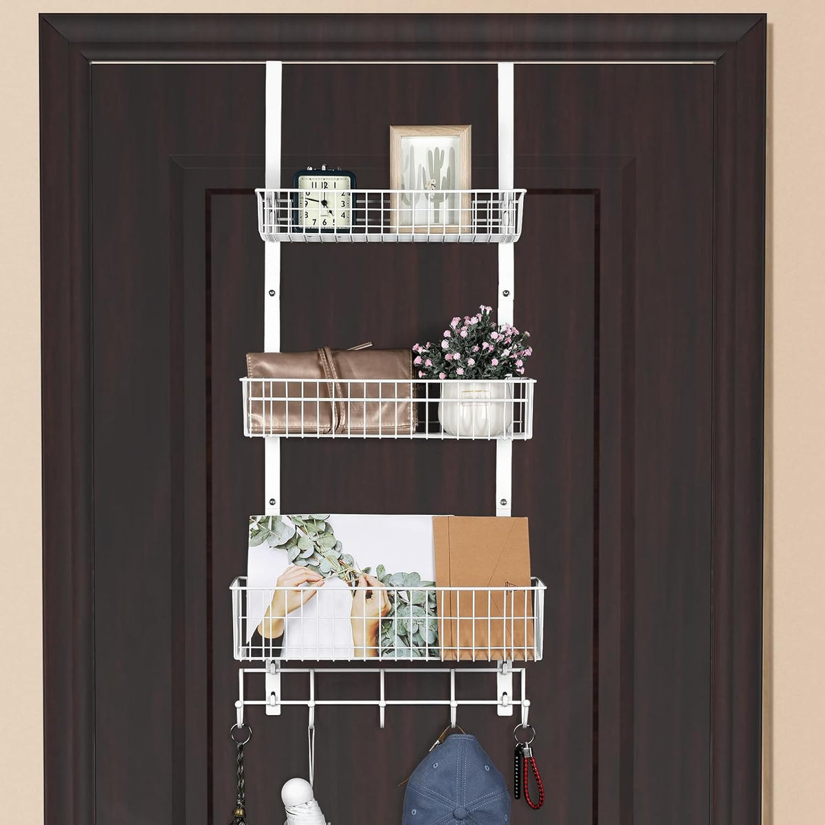 Over the Door Pantry Organizer 3 Tier Hanging Basket Back Door Storage Rack Shelf Metal Over the Door Shelves with 3 Baskets and 5 Hooks for Bathroom Kitchen Pantry Bedroom, Black