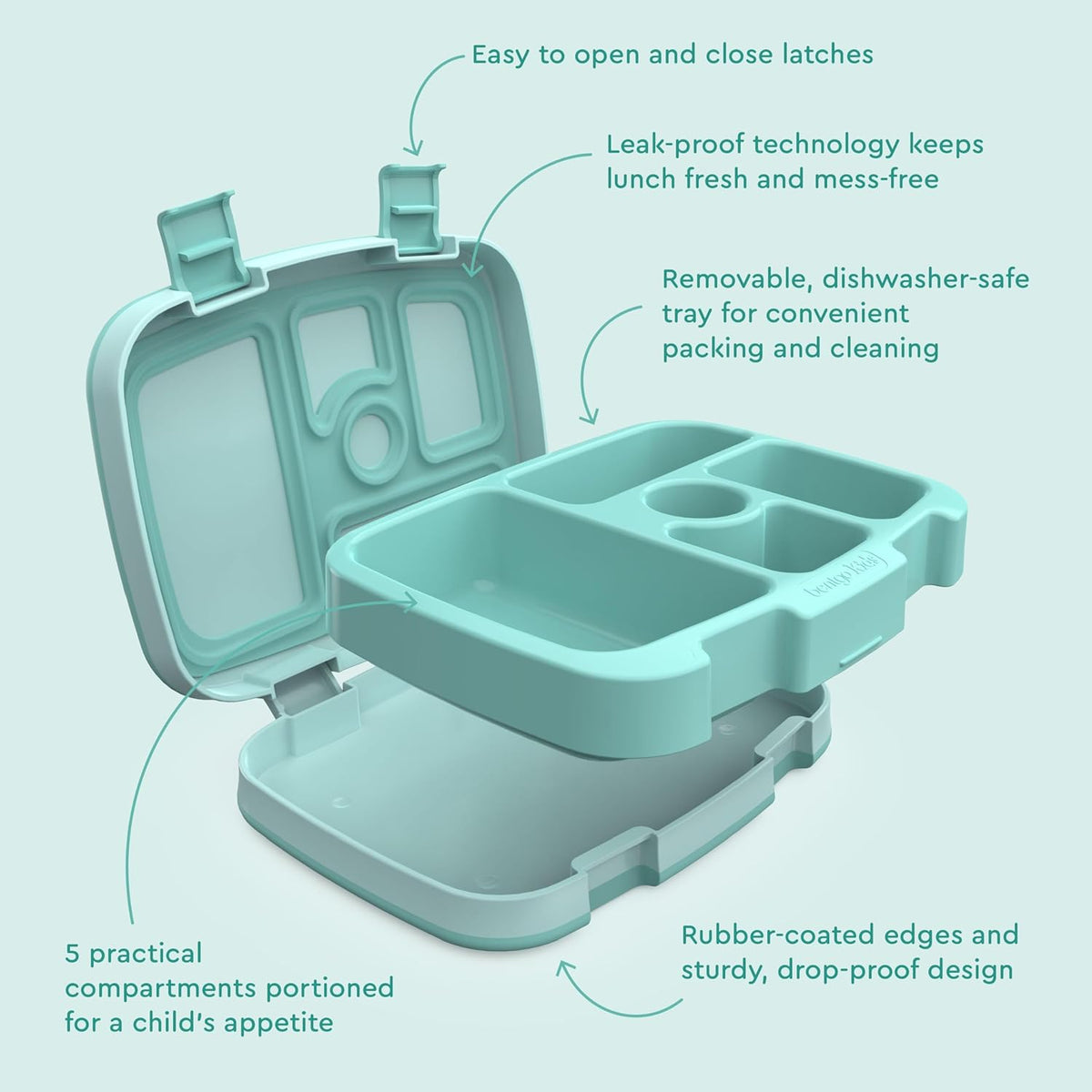Bentgo Kids Bento-Style 5-Compartment Leak-Proof Lunch Box - Ideal Portion Sizes for Ages 3 to 7 - Durable, Drop-Proof, Dishwasher Safe, PFAS & BPA-Free & Made with Food-Safe Materials (Blue)