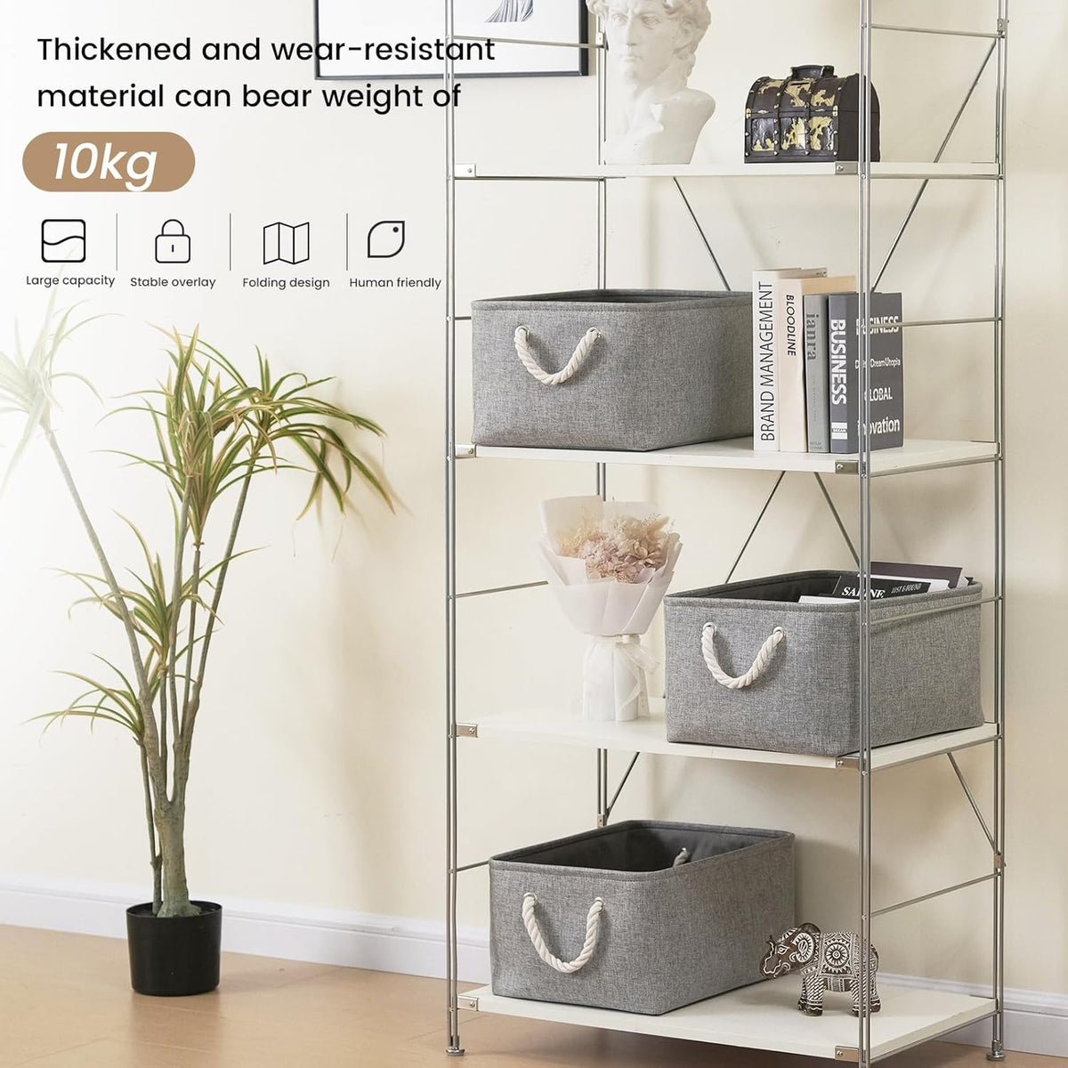 Large Storage Baskets- 15.7x11.8x8.26 inch Storage Bins for Shelves and Closet Organizing, Foldable Fabric Bin for Home Organization Clothes and Laundry (3-Pack, White&Khaki)