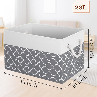 Fab totes Storage Bins, Foldable Storage Baskets for Organizing Toys, Books, Shelves, Closet, Large Storage Box with Rope Handles, Sturdy Organizer Bins, White & Grey
