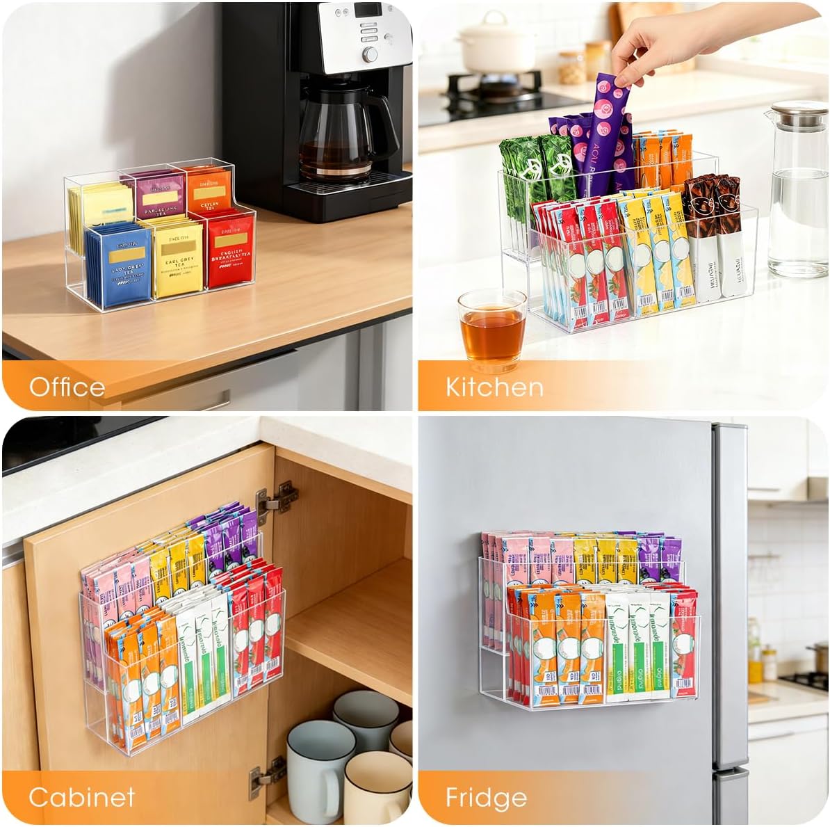 AIEVE Magnetic Drink Packet Organizer, 2-Tier Fridge Organizer Cabinet Door Holder, Acrylic Water Packet Holder for Kitchen Fridge Organizers and Storage (Magnetic & Adhesive)