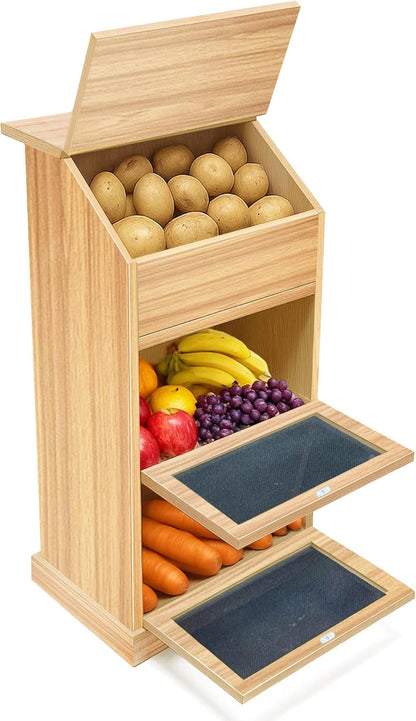 Potato Storage Bin, 3-Tier Potato and Onion Storage Bin with Lid, Wooden Bread Box for Fruit and Vegetable,Food Storage Containers for Kitchen Pantry (Oak)