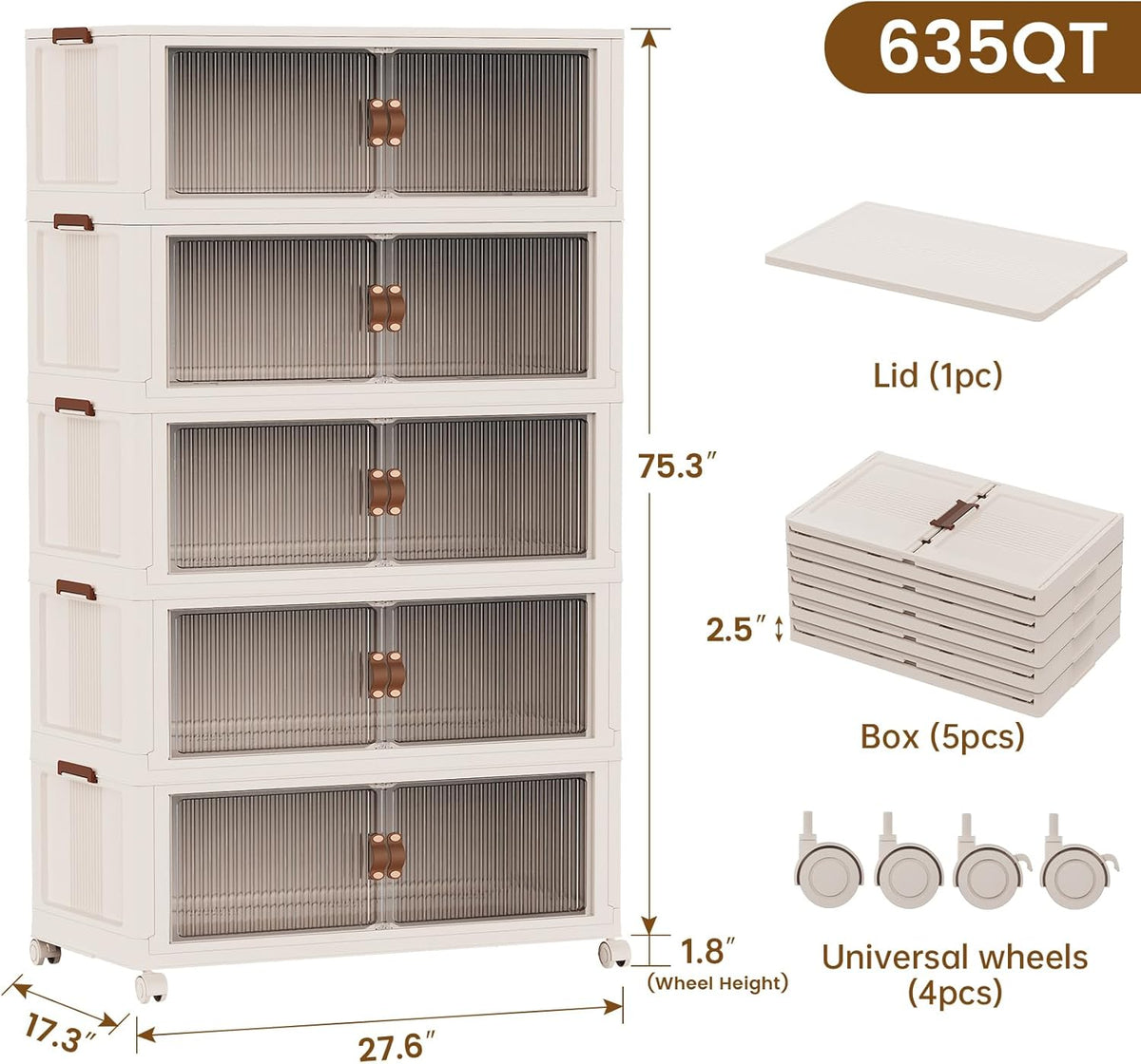 SAILUN 145Gal/580Qt Stackable Storage Bins Folding Collapsible Storage Bins with a Lid, Closet Organizers and Storage,White 26" W x 17" D x 71" H