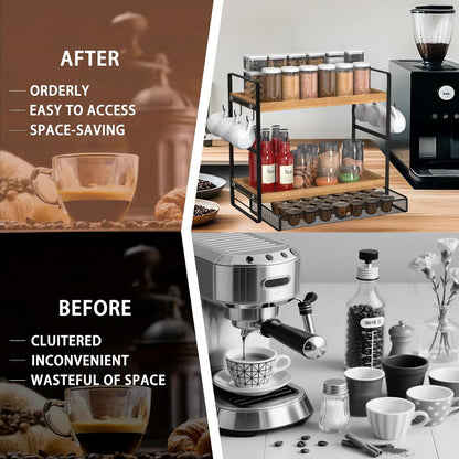 LEMIKKLE 2-Tier Coffee Bar Organizer With Basket,Wooden Counter Shelf for Coffee Bar Accessories,Kitchen Spice Rack Organizer for Countertop-Brown