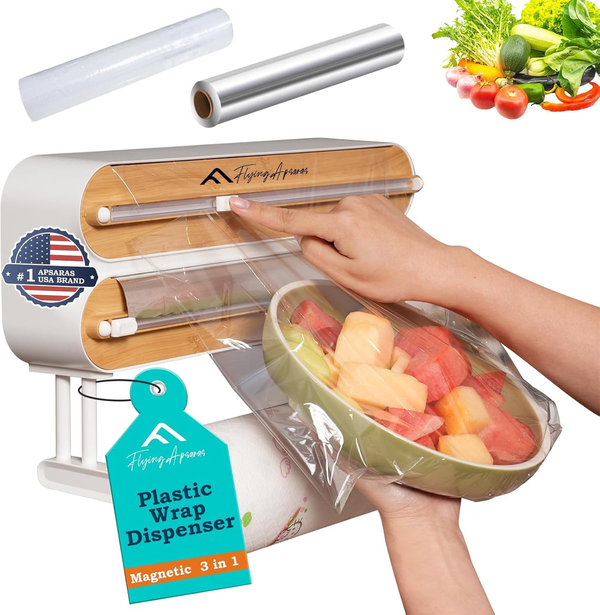 APSARAS USA 5 in 1 Bamboo Foil and Plastic Wrap Organizer for Kitchen Drawer, Ziplock Bag Organizer, Saran Wrap Dispenser with Cutter, Plastic Bag Organizer, Food Storage Bag Organization