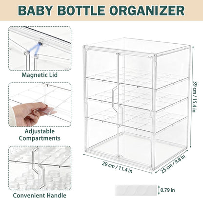 Baby Bottle Organizer, 3-Tier Bottle Storage for Countertop with Double Magnetic Doors, Clear Plastic Bottle Station Organizer Mom Gifts with 2 Dividers for Kitchen, Bathroom, Cabinet, Vanity
