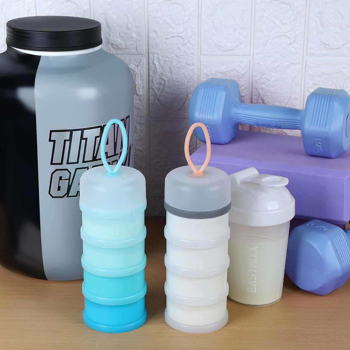 Accmor Protein Powder Container to Go with Funnels Stand, 4 Compartments Stackable Protein Powder Dispenser for Workout, Fitness, Travel