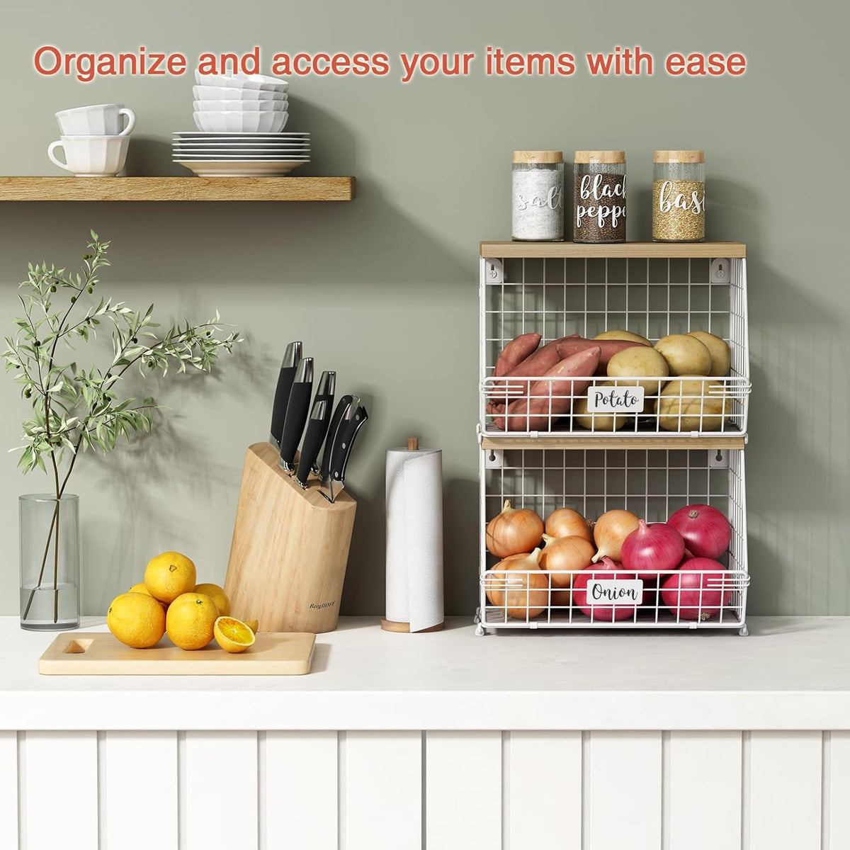 Goozii Hanging Wall Fruit Basket for Kitchen Counter 2 Pack, Stackable Wire Baskets for Organizing with Wood Lid, Potato and Onion Storage Bin with Banana Hook for Vegetable Produce, Black + Rustic