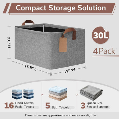 CHICVITA 4 Pack Large Storage Baskets for Shelves, Collapsible Closet Organizer Bins with Metal Frame, Fabric Storage Bins for Clothes Towels Organization, 16.8" x 11" x 9.8", Beige