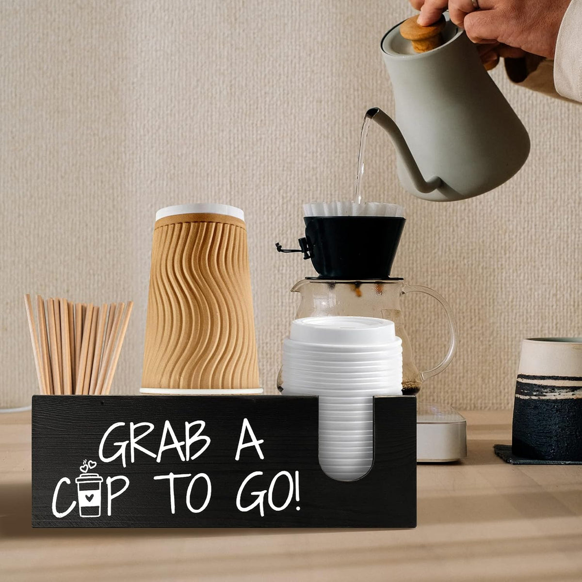 Coffee Station Organizer for Cup and lid Storage Box, Farmhouse Wood Coffee Bar Accessories Disposable Cup Holder for Counter Decor - White