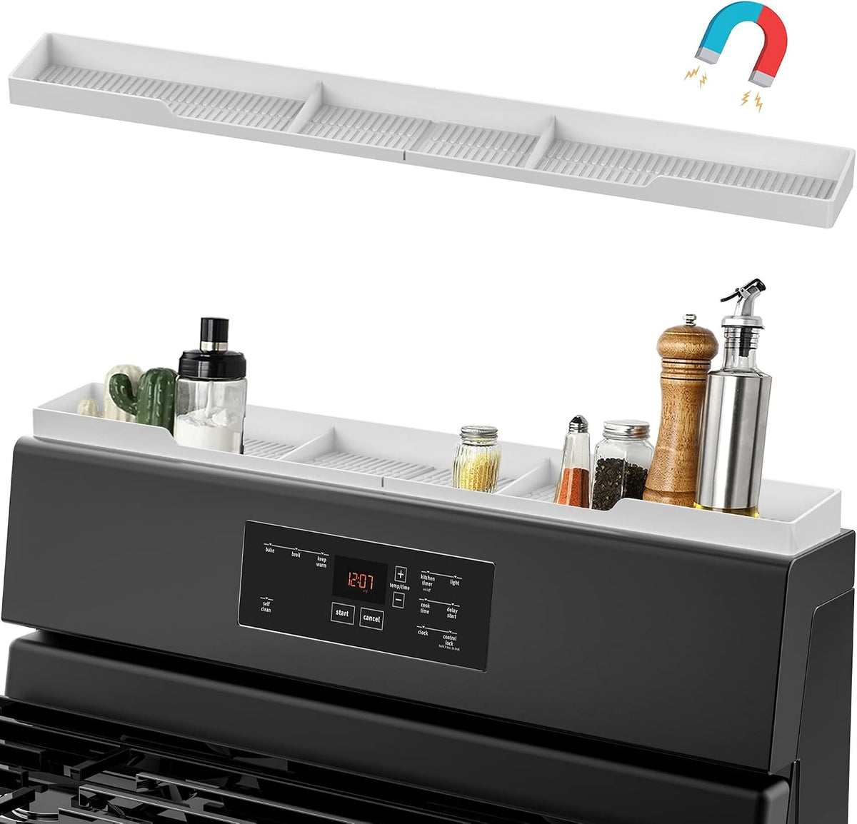 AWOKE Stove Top Shelf 30 Inch - Silicone Material Magnetic Shelf for Stove - 3 Functional Partitions Kitchen Spice Rack Organizer-Black,Kitchen Gadgets Storage Organization