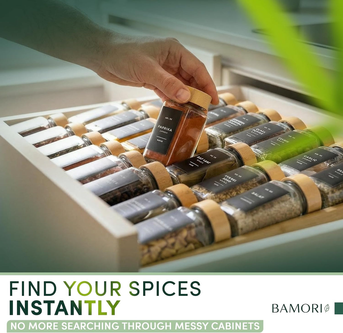 Bamboo Spice Drawer Organizer – Expandable Spice Rack for Drawer – 4 Tiered Premium Bamboo Kitchen Seasoning Organizer for Drawer Spice Organizer, Seasoning rack insert for Cabinet