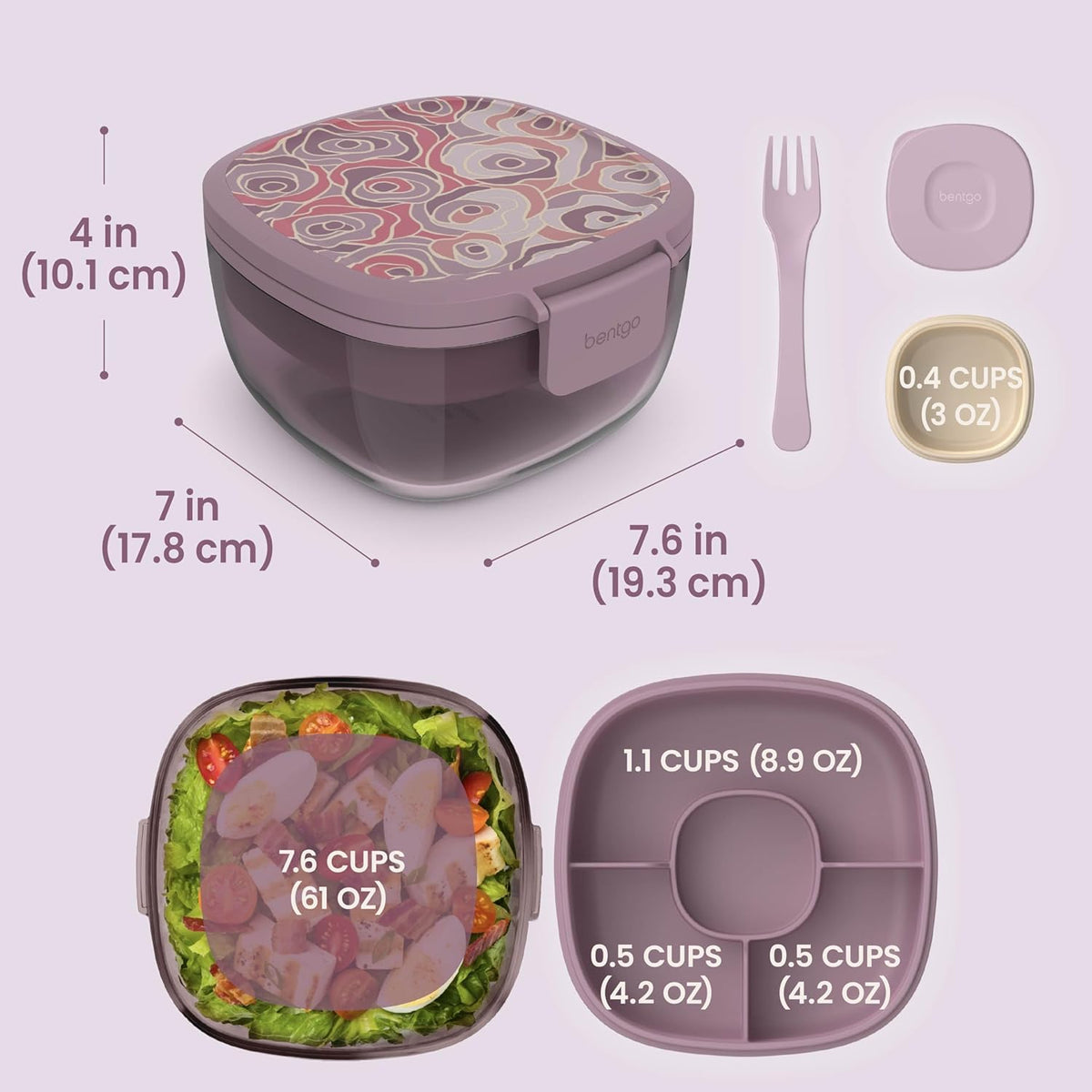 Bentgo Glass Prints Salad Container - 7.6-Cup Tinted Glass Salad Bowl with Airtight Lid, Leak-Proof Sauce Container, 4-Compartment Bento Meal Prep Tray & Reusable Fork (Floral Maximalist - Sea)
