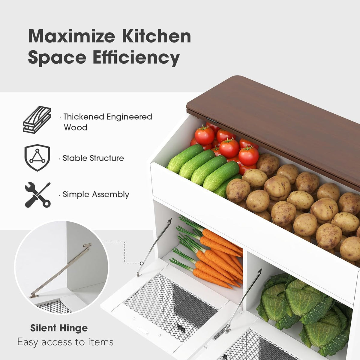 Patiorama Wood Potato and Onion Storage Bin Box with Lid, 4-Tier Farmhouse Wooden Bread Box Cabinet with 2 Mesh Doors & Rolling Drawer, Large Vegetable Storage Bin Organizer for Kitchen Pantry White