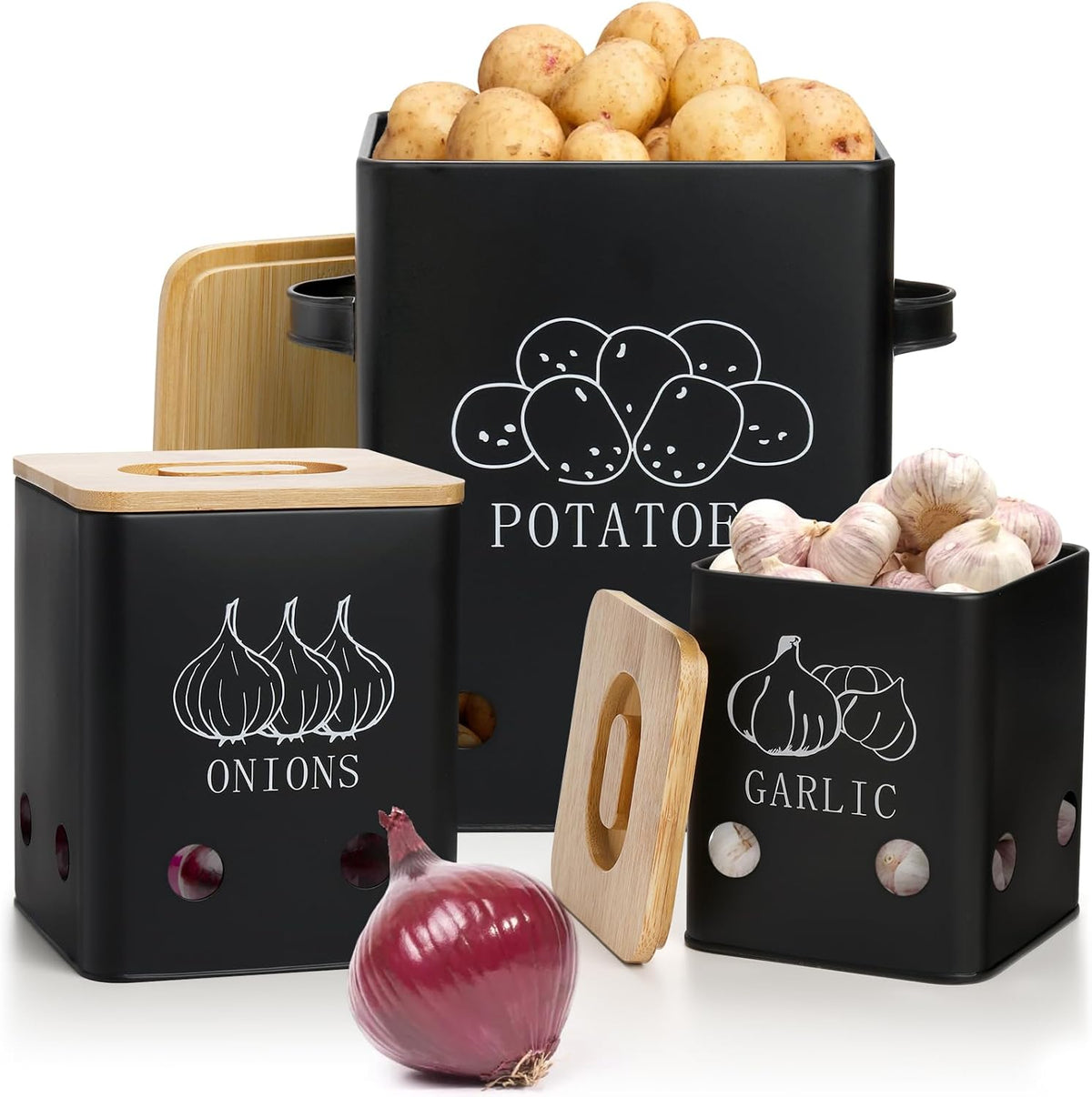 WUWEOT 3 Pack Vegetable Storage Tins, Potato Onion Garlic Storage Canister, Black Metal Vegetable Fresh Keeper Caddy, Kitchen Pantry Organizer Jars with Bamboo Lid and Aerating Holes
