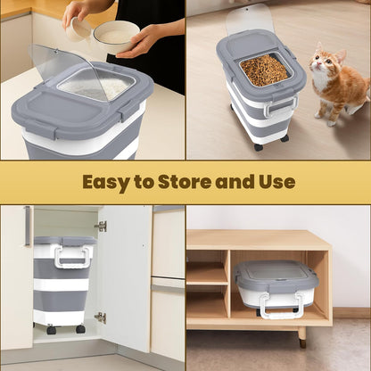 HOYTAMDA 25-35Lbs Rice Container,Collapsible Airtight Food Storage Containers with Wheels,Handle,Rice Storage Container with Small Bin and Scoop,Rice Dispenser for Flour Sugar Cereal Grain Dog Cat