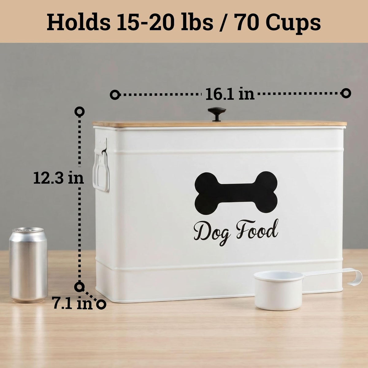 Dog Food Container Airtight 15-20 lb (70 Cup) Capacity with Metal Scoop - Cute Airtight Dog Food Storage Container with Bamboo Lid - Black Metal Kibble Storage Bin for Dogs up to 100 lbs - Big Pet Jar