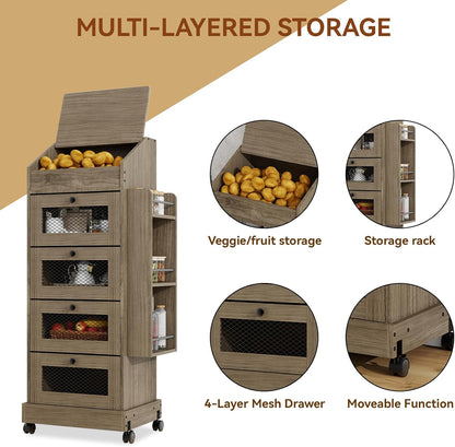 ARTETHYS Potato and Onion Storage Bin for Pantry 5-Tier Rolling Fruit and Vegetable Organizer with Spice Rack on Wheels Movable Large Bread Box Cabinet with 4 Ventilated Drawers for Kitchen, Rustic