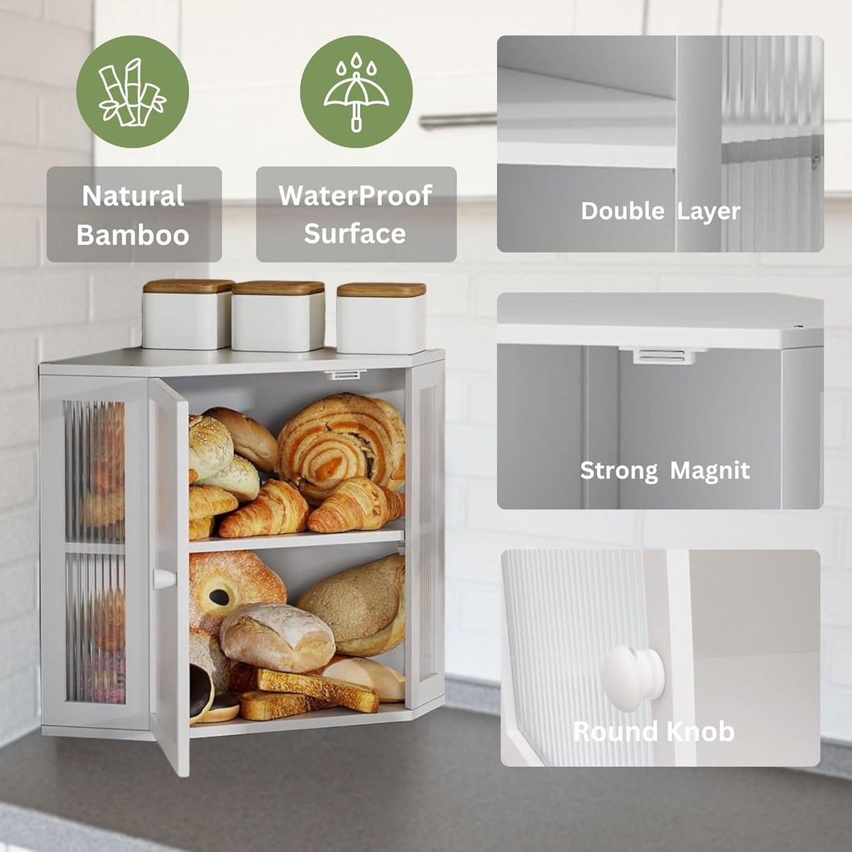 Corner Bread Box for Kitchen Countertop – 2 Tier Large Bamboo Breadbox with Acrylic Wavy Door and Adjustable Shelf | Modern Wooden Storage Bin, Black Farmhouse Kitchen Organizer (Wooden)