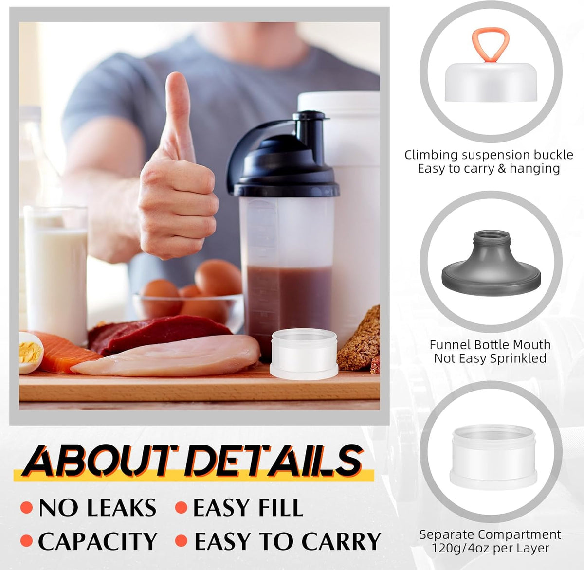 Baderke 4 Pcs Protein Powder Container 5 Layers Stackable Leakproof Container Powder Dispenser with Funnels Stand Keychain Flour Canister for Workout Fitness(Gray, White)