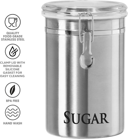 Oggi Stainless Steel Sugar Canister 62 fl oz - Airtight Clamp Lid, Clear See-Thru Top - Ideal Sugar Container for Countertop, Sugar Jar, Bulk Sugar Storage. Large Size 5" x 7.5".