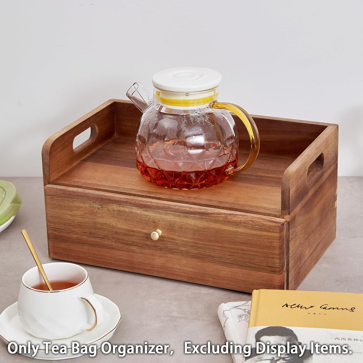 SARUFO Acacia Wood Tea Bag Organizers, Tea Packet Storage Boxes, 8-Compartment Tea Caddy for Tea Bags Chest, Teabag Holder Containers, Teabox Station Display