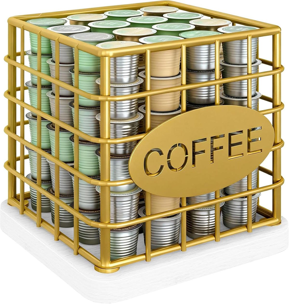 YATINEY Coffee Pod Holder for K Cup, Large Capacity Coffee Pod Organizer, Versatile Coffee Capsule Storage Basket with Wooden Base, White KH10WN