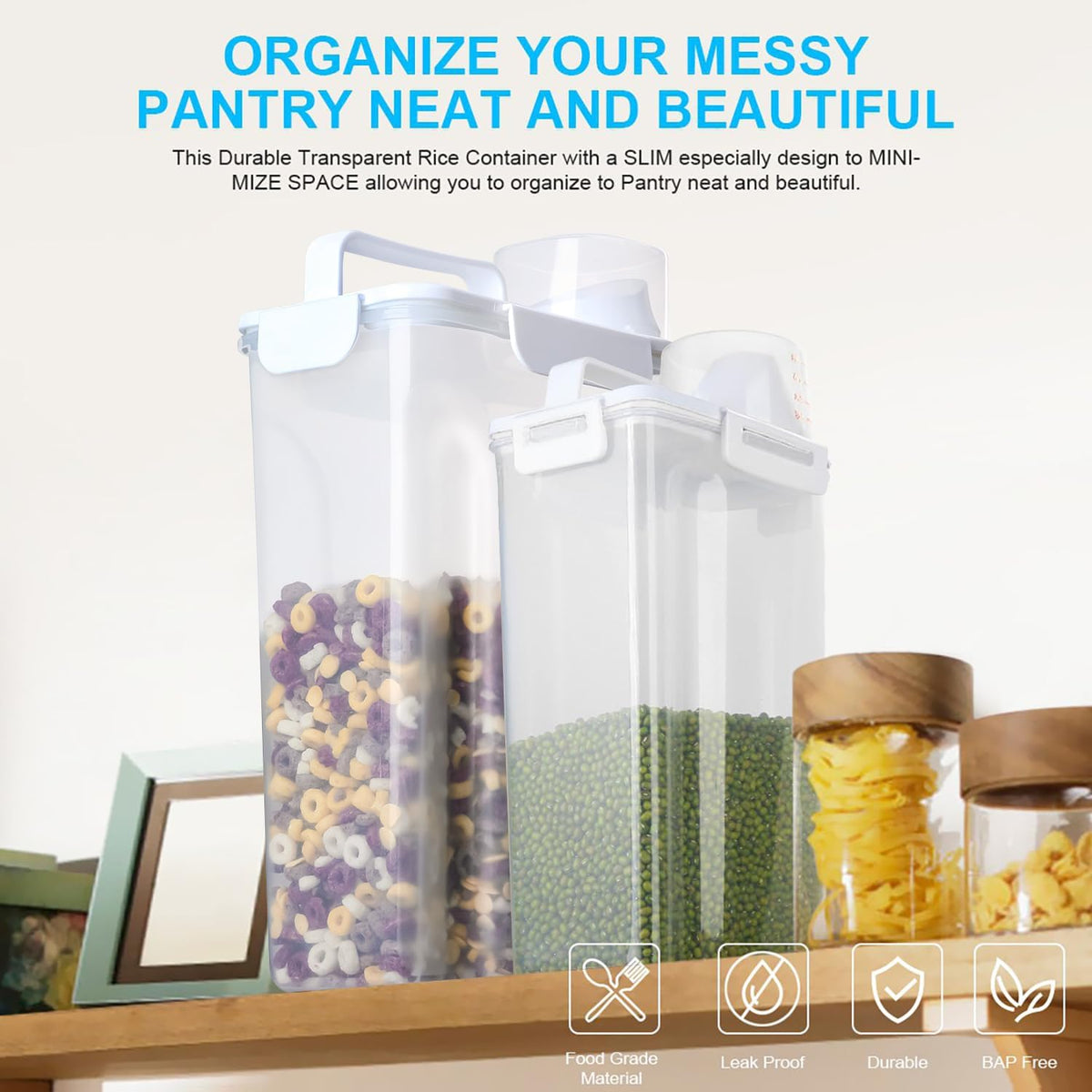 Uppetly Rice Airtight Dry Food Storage Containers, BPA Free Plastic Storage Bin Dispenser with Pourable Spout, Measuring cup for Cereal, Flour and Baking Supplies, Include a Stainless Steel Whisk