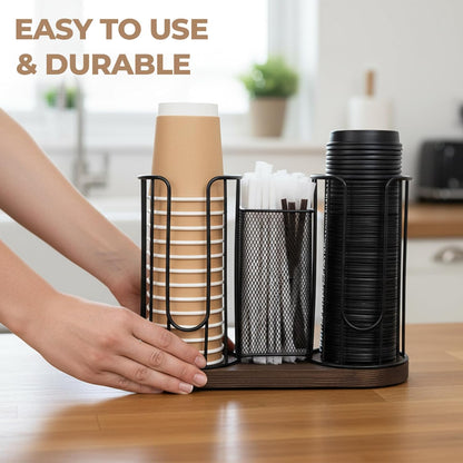 3-Compartment 16oz Coffee Cup & Lid Holder – Countertop Coffee Station Organizer with Wooden Base – Durable Dispenser for Disposable Cups, Lids & Straws