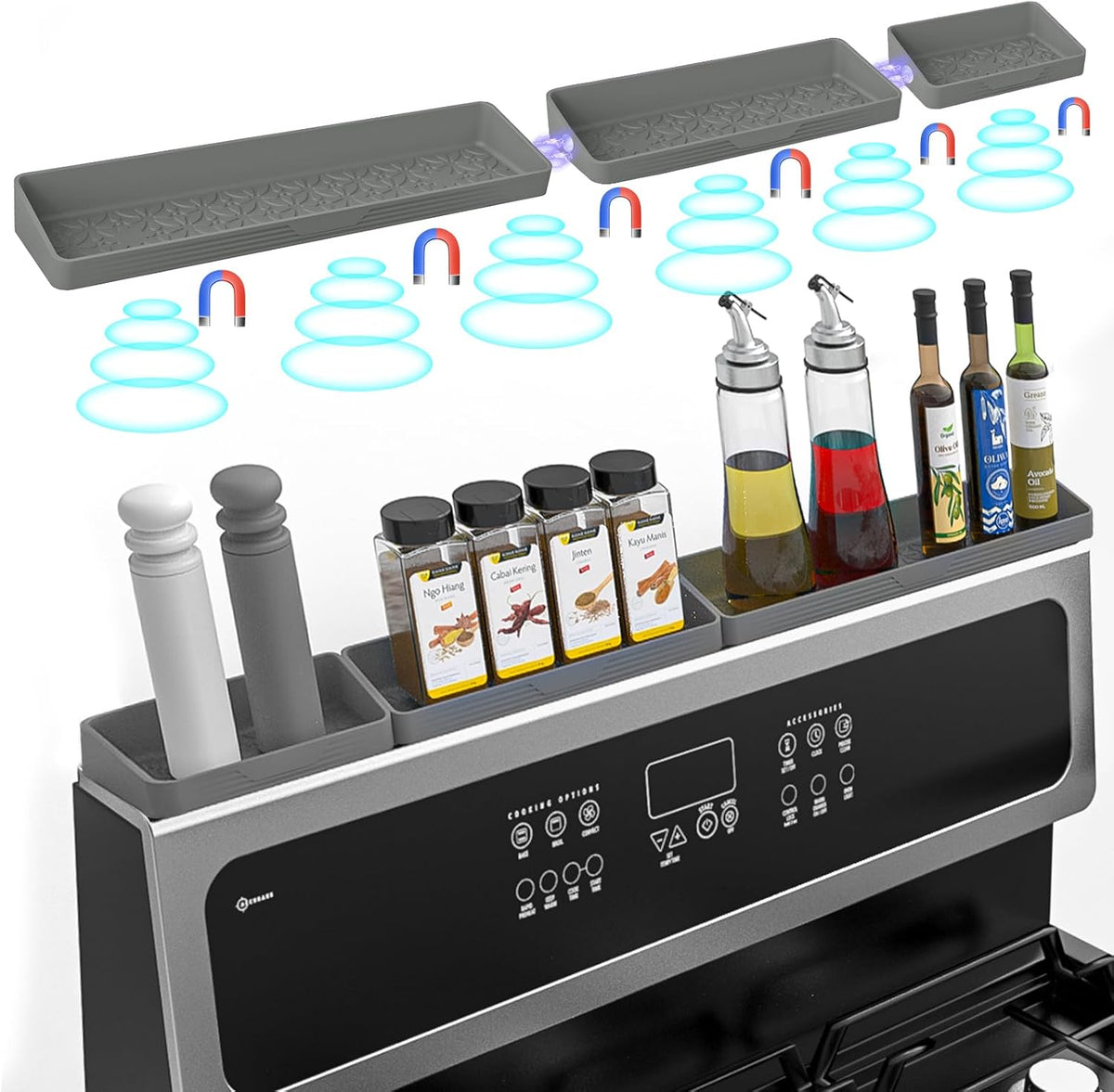 Magnetic Stove Top Shelf, Over the Stove Shelf Spice Rack & Spice Organizer – 30" Heat Resistant Silicone Stove Shelf, No Drill Kitchen Storage Organizer for Gas/Electric Stoves & Small Kitchens