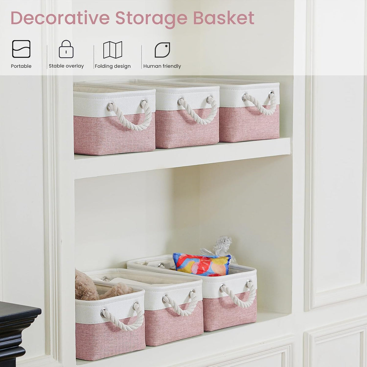 Large Storage Baskets- 15.7x11.8x8.26 inch Storage Bins for Shelves and Closet Organizing, Foldable Fabric Bin for Home Organization Clothes and Laundry (3-Pack, White&Khaki)