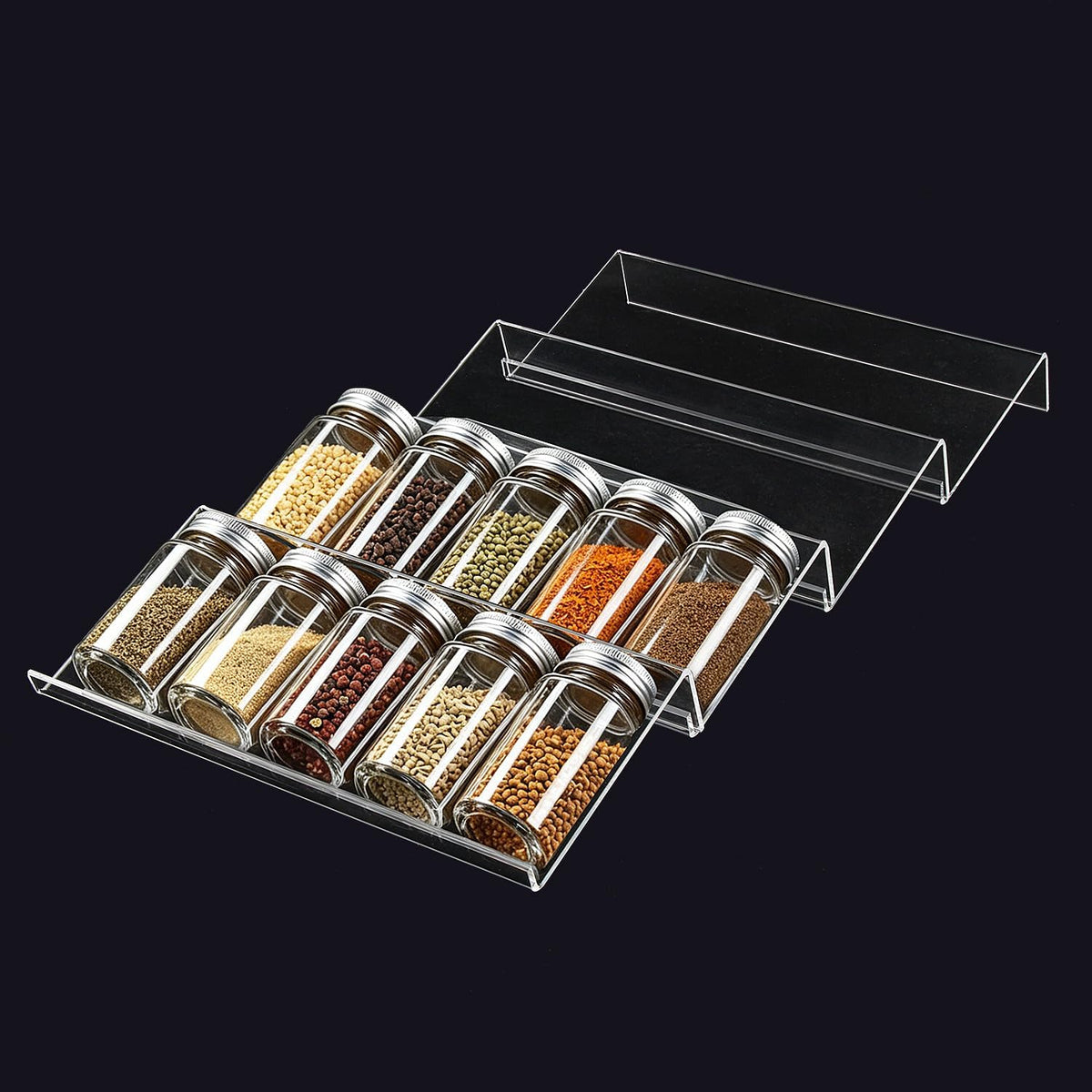 Expandable Acrylic Spice Drawer Organizer – 4-Tier Clear Seasoning Rack Insert for Kitchen Drawers, Adjustable from 9" to 18", Fits Most Spice Jars (Jars Not Included)