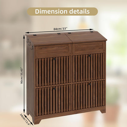 4 Tier Narrow Potato Storage Bin, Tall Wood Potato and Onion Storage Bin with Wheel, Movable Fruit and Vegetable Basket, Food Small Kitchen Pantry Cabinet, Wooden Bread Box, Walnut, Sliding Door