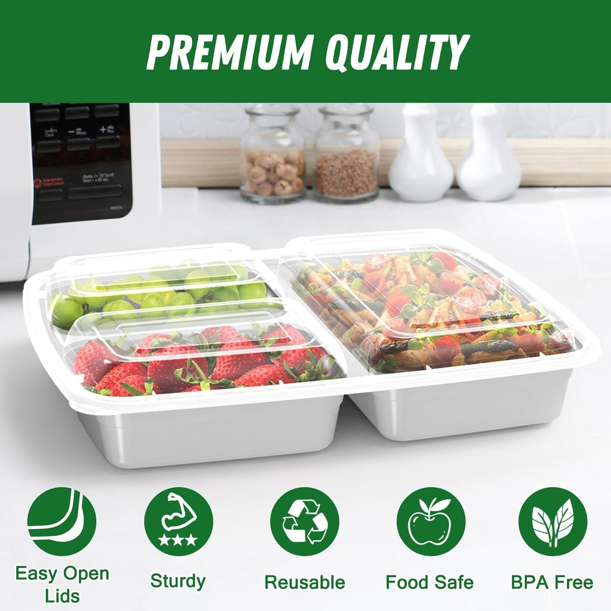 50 Pack (100-Piece) 32 oz Meal Prep Containers Reusable with Lids 3-Compartment, To Go Take Out Plastic Food Storage Containers, Sturdy Leakproof Food Safe, Microwave Freezer Dishwasher Safe, Black