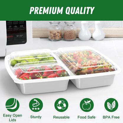 50 Pack (100-Piece) 32 oz Meal Prep Containers Reusable with Lids 3-Compartment, To Go Take Out Plastic Food Storage Containers, Sturdy Leakproof Food Safe, Microwave Freezer Dishwasher Safe, Black