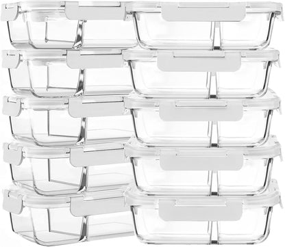 M MCIRCO 10-Pack,30 Oz Glass Meal Prep Containers 2 Compartments Airtight Lunch Bento Boxes with Lids, Glass Food Storage Containers, Microwave, Oven, Freezer, Dishwasher
