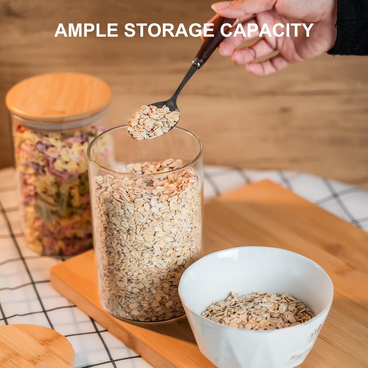 YUNCANG Glass Storage Jars 6 Pack 37oz Clear Glass Food Storage Containers with Airtight Bamboo Lid Stackable Kitchen Canisters for Candy,Cookie,Rice,Sugar,Flour,Pasta,Nuts and Spice Jars(Square)