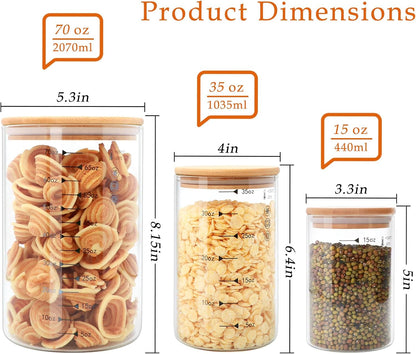 Glass Storage Containers with Lids,Glass Jars with Bamboo Lids, Canisters Set for Pasta, Nuts, Coffee Beans, Kitchen Pantry Organization Jar,Muti Size Set of 3,with Lables and Pen