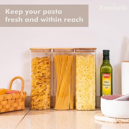3-Pack 2.2Qt Square Glass Spaghetti Jars with Bamboo Lids, Tall Food Storage Containers for Pantry Organization, Elegant Kitchen Storage Canister for Pasta, Penne, Macaroni, Lasagna, Fusilli
