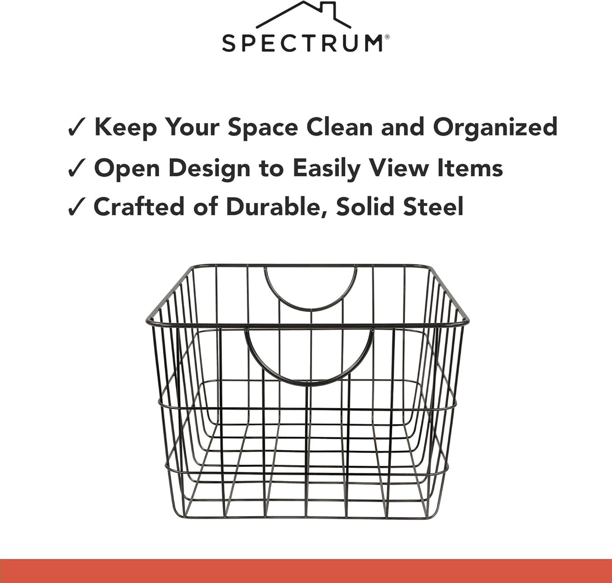 Spectrum Large Wire Basket with Handle Black Metal Utility Storage Bin for Organizing Kitchen Pantry Cabinets Closet and Garage Shelves, Steel Metal Basket Storage Organizer Bin with Handle