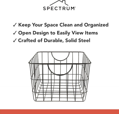 Spectrum Large Wire Basket with Handle Black Metal Utility Storage Bin for Organizing Kitchen Pantry Cabinets Closet and Garage Shelves, Steel Metal Basket Storage Organizer Bin with Handle