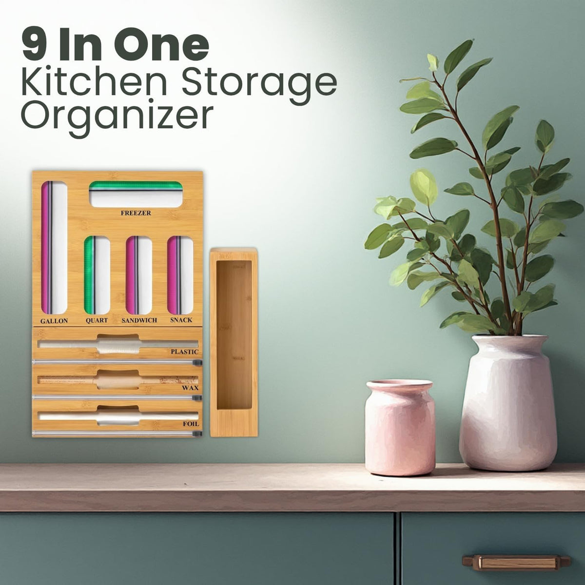 9 IN 1 Storage Bag Organizer for Kitchen Drawer, Bamboo Foil and Plastic Wrap with Cutter, Ziplock Bag Organizer for Gallon, Quart, Sandwich & Snack Bags - Aluminum Foil Organizer