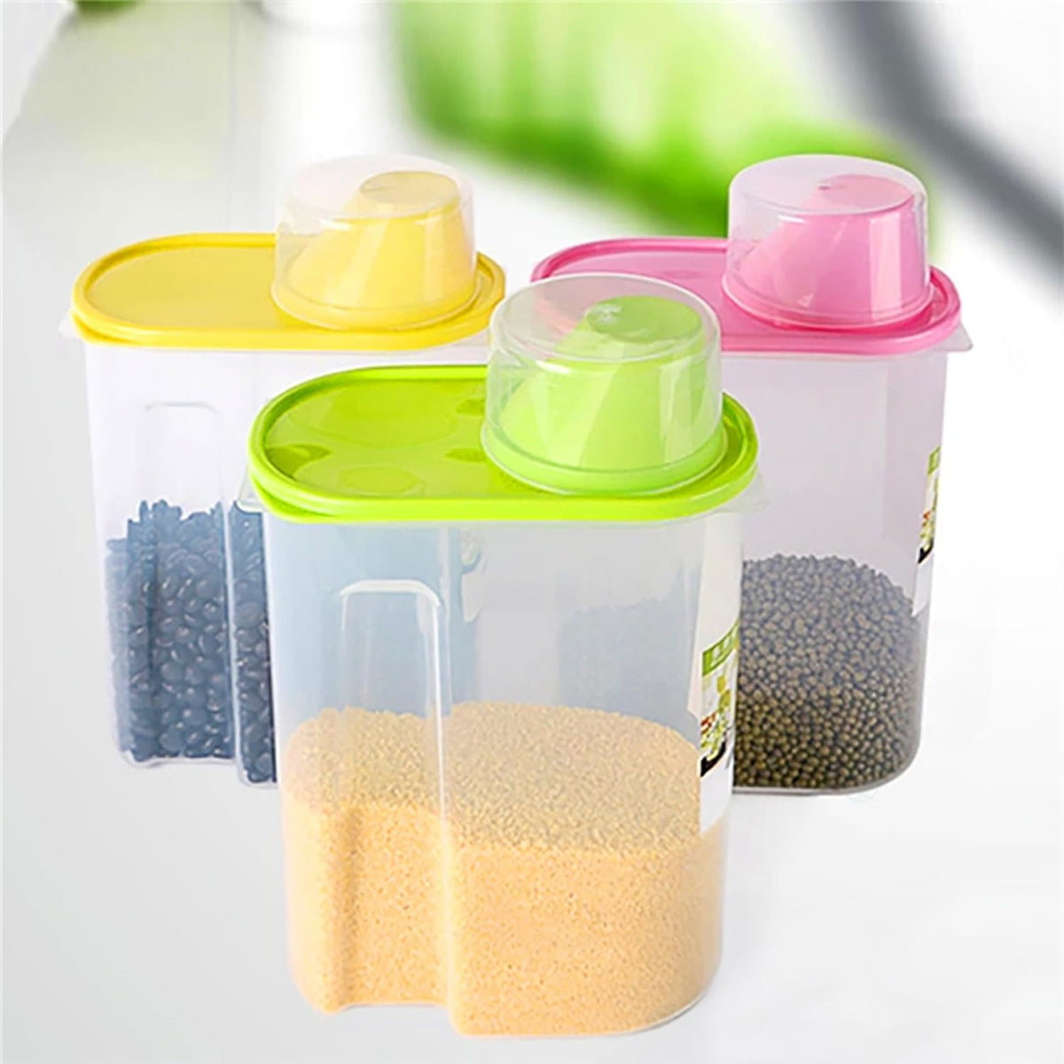 Basicwise 2.5 Liters Set of 3 Large Airtight Food Storage Containers with Pouring Spout and Measuring Cup Lid for Flour Sugar Cereal Rice Pantry Staples & Baking Ingredients in Green Pink and Yellow