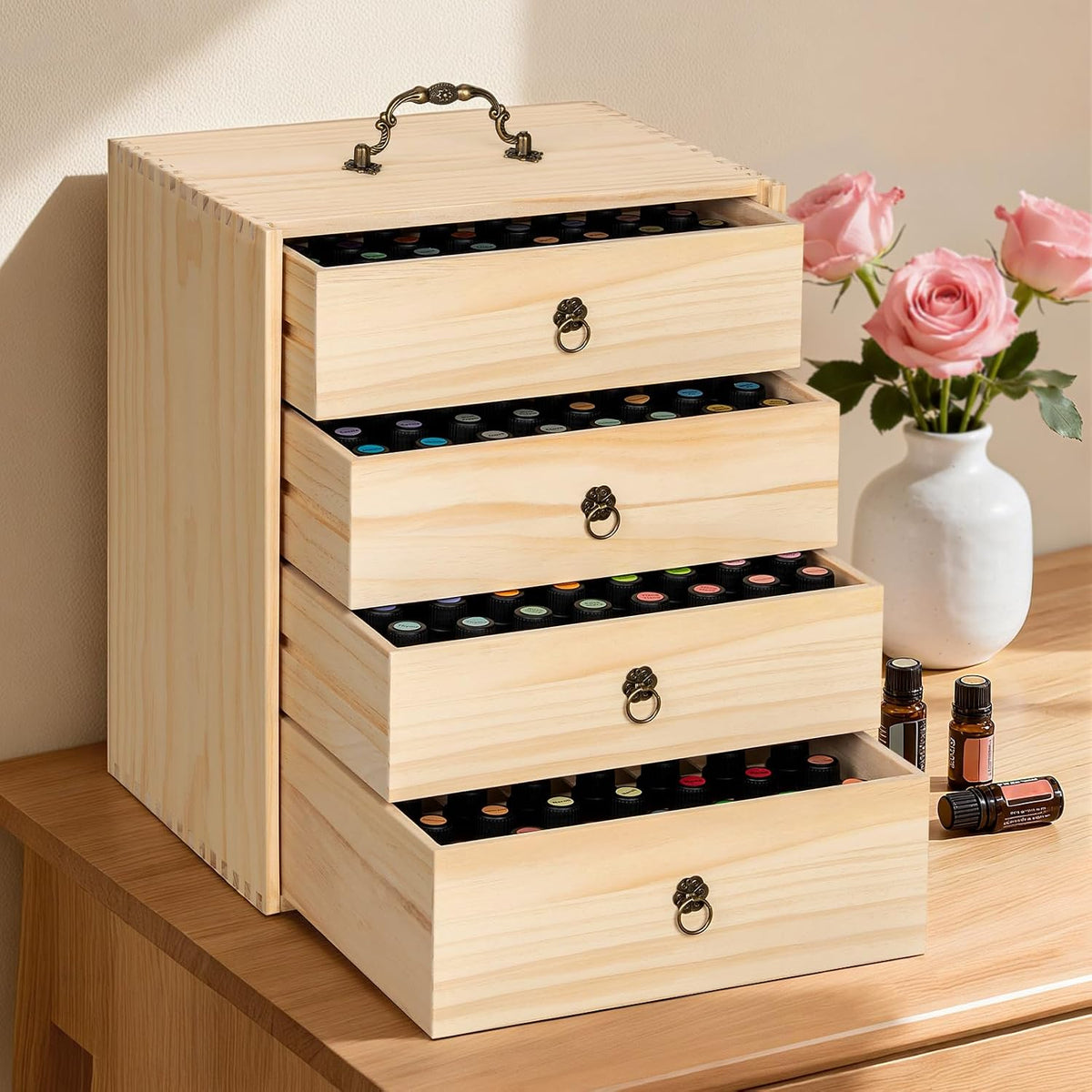 TORIBIO Essential Oil Storage Box for 60 Bottles, Wooden Essential Oils Holder Organizer Holds 5-30ml for Young Living & Doterra Bottles