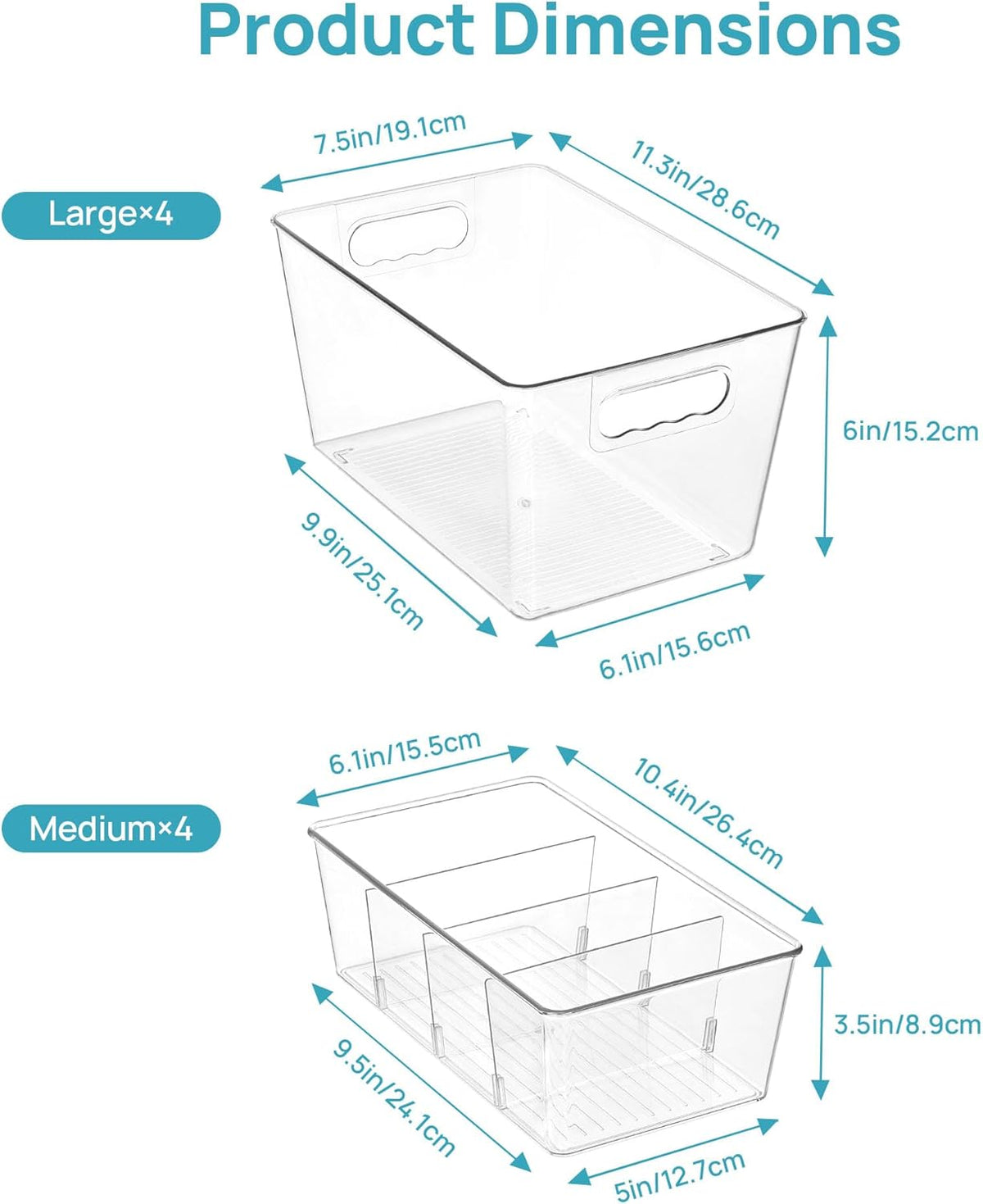 Vtopmart 8 Pack Clear Plastic Storage Bins Set, 4 Large Pantry Organizer Bins with Lids & Handles and 4 Medium Snack Organizer Bins with 4-Compartment for Pantry, Kitchen, Fridge, Cabinet Organization
