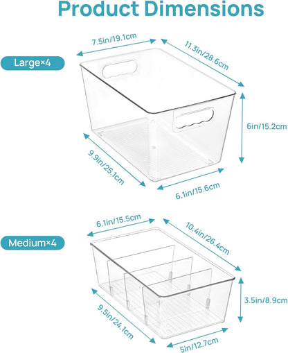 Vtopmart 8 Pack Clear Plastic Storage Bins Set, 4 Large Pantry Organizer Bins with Lids & Handles and 4 Medium Snack Organizer Bins with 4-Compartment for Pantry, Kitchen, Fridge, Cabinet Organization